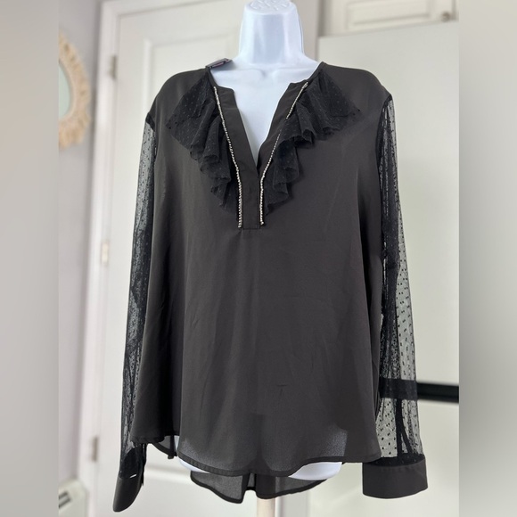 LIBBY Edelman Black Rhinestone V-Neck Sheer Long Sleeve Formal Top Size XXL NWT - Picture 16 of 17